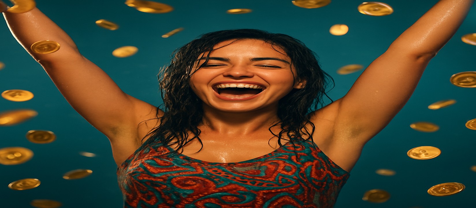 মুদ্রার ঝরনার মাঝে রঙিন পোশাকে এক নারী